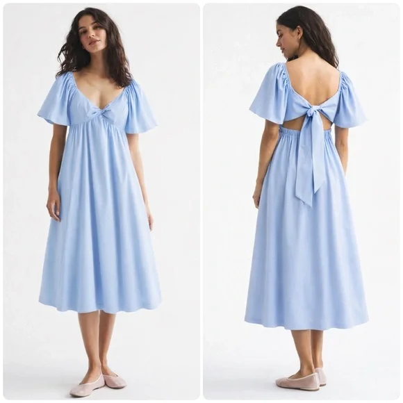 Abercrombie & Fitch Angel Sleeve Twist Front Midi Dress Blue Size Medium Petite - Picture 1 of 11